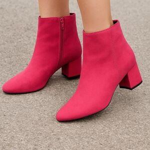 ✨ JD Williams Hot Pink Faux Suede Ankle Boots 💕 Block Heel Zip Booties Size UK7